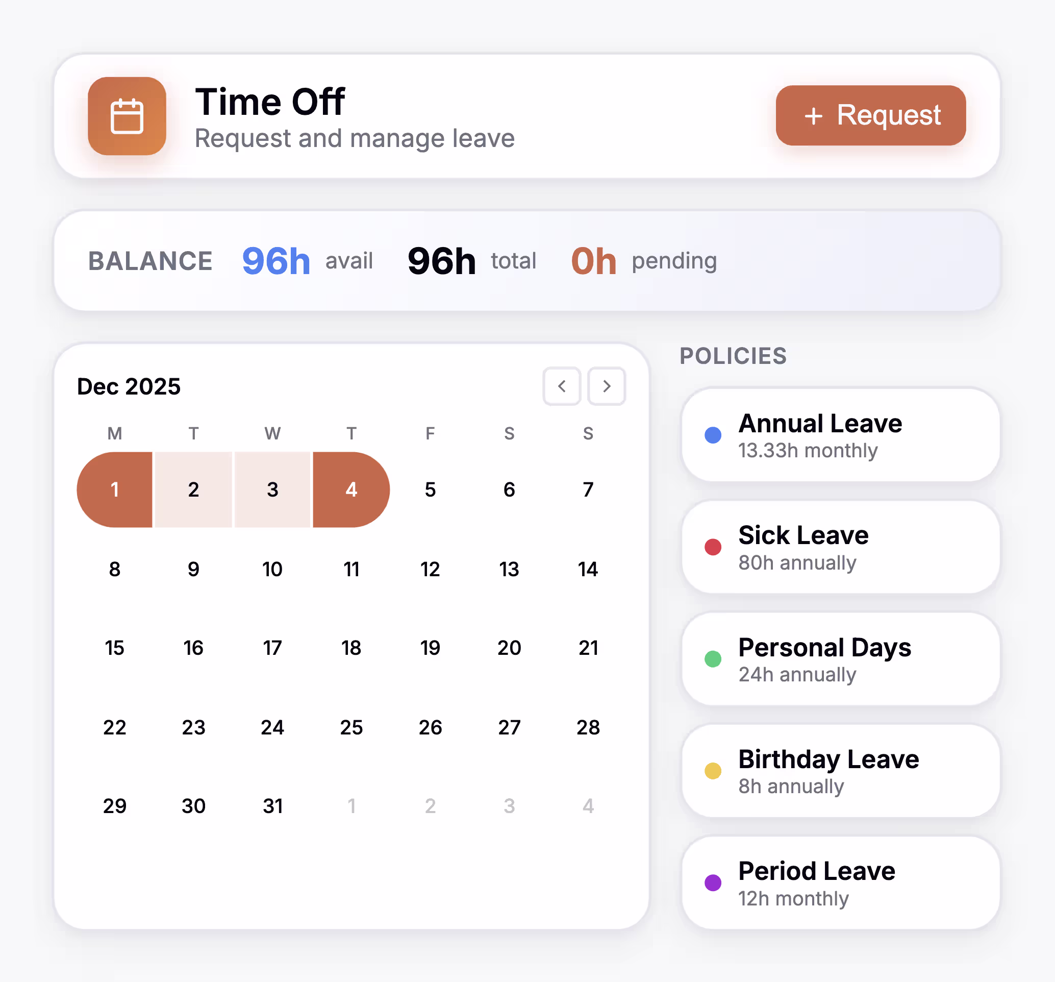 Calendar sync and time-off management interface